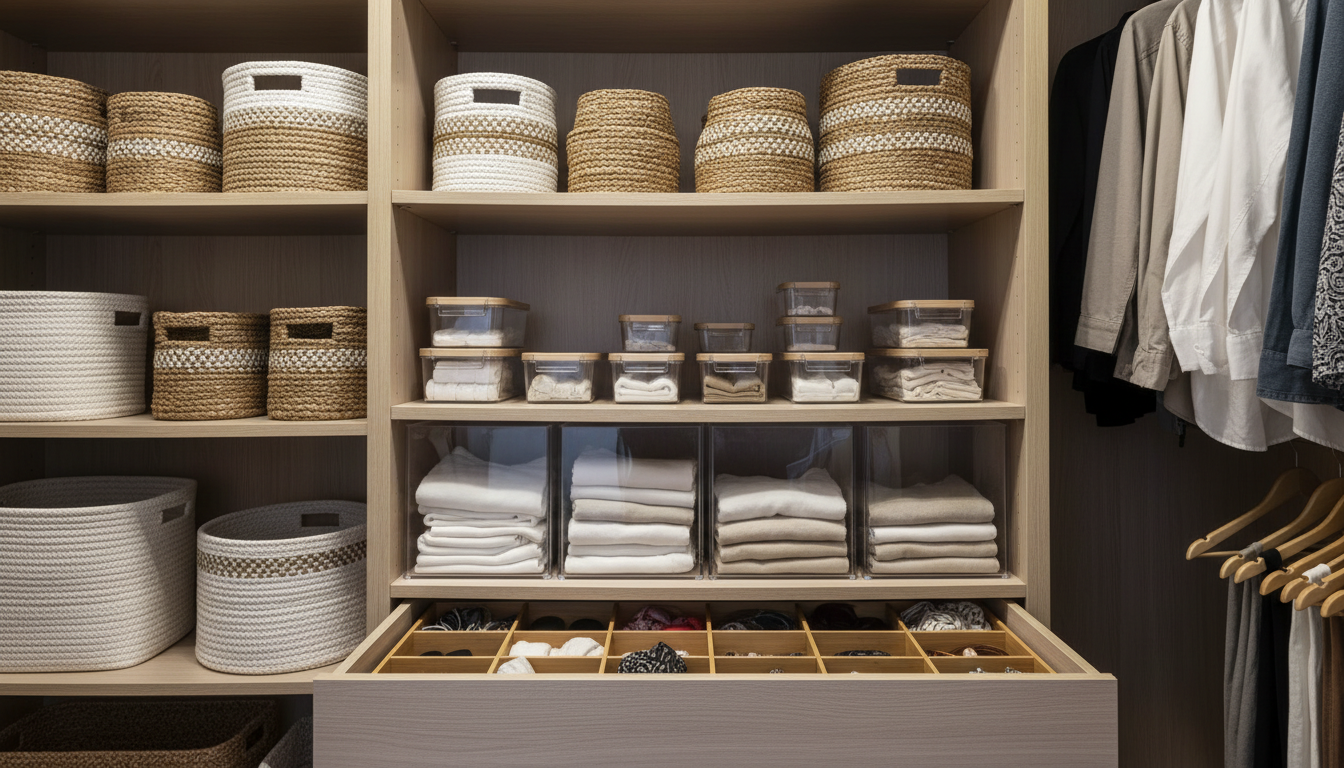 Close-up photo of various stylish storage solutions like woven baskets, clear containers, and drawer