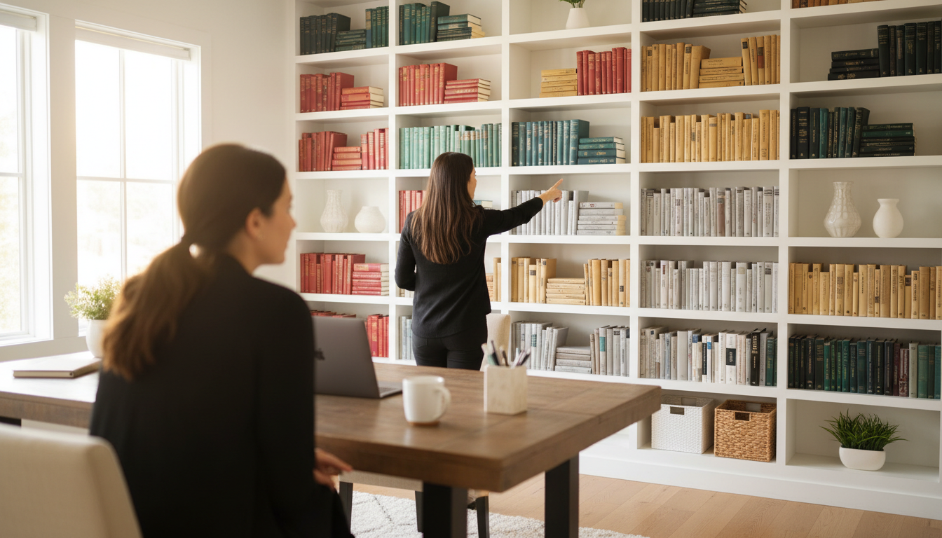 Professional photo of a personal organizer (back to camera or blurred face) collaborating with a cli