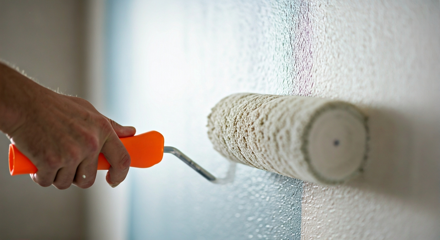 Close-up photo of a painter's hands holding a paint roller, meticulously applying a fresh coat of pa