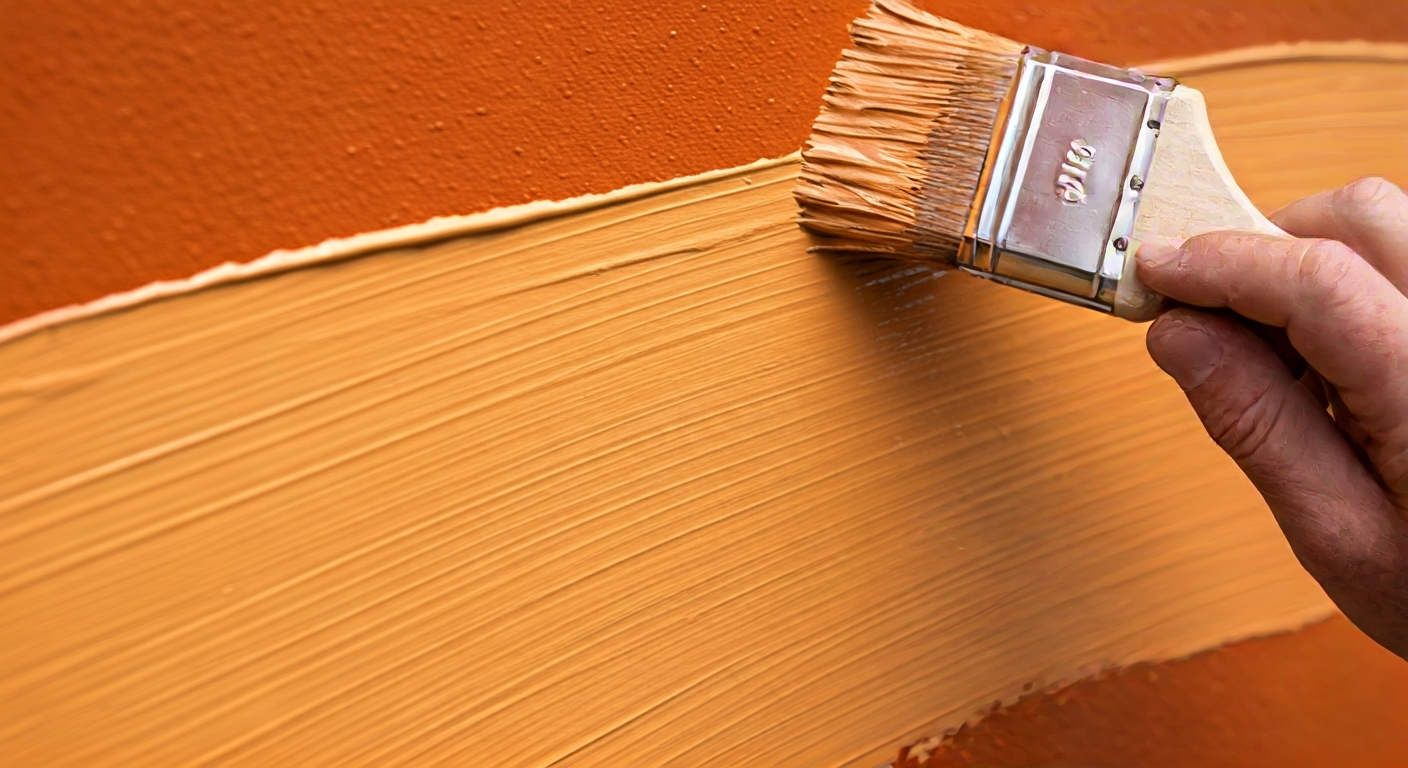Close-up photo of a painter's hand applying a brush stroke of a warm, earthy paint color onto an ext