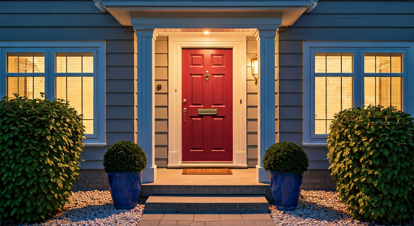 Professional photo of a house entrance with a vibrant colored door (e.g., deep blue or burgundy) con