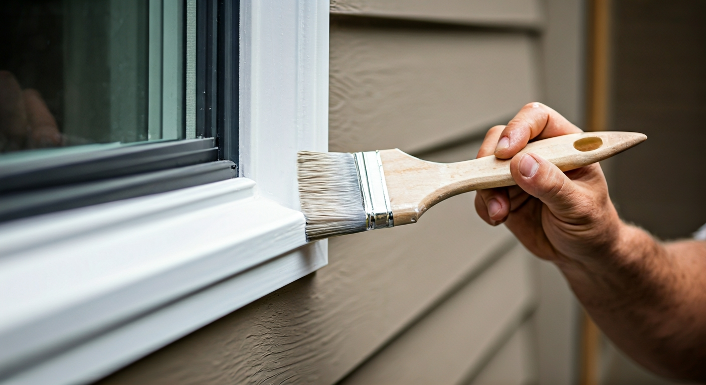 Close-up photo of a painter carefully applying trim paint to a window frame on a house exterior. Pro