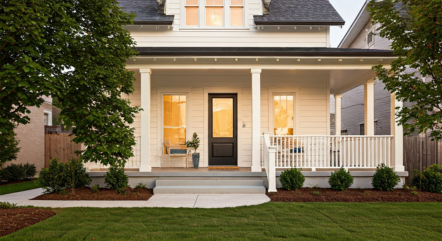 Professional photo of a charming, renovated house exterior showcasing a warm beige and white color p
