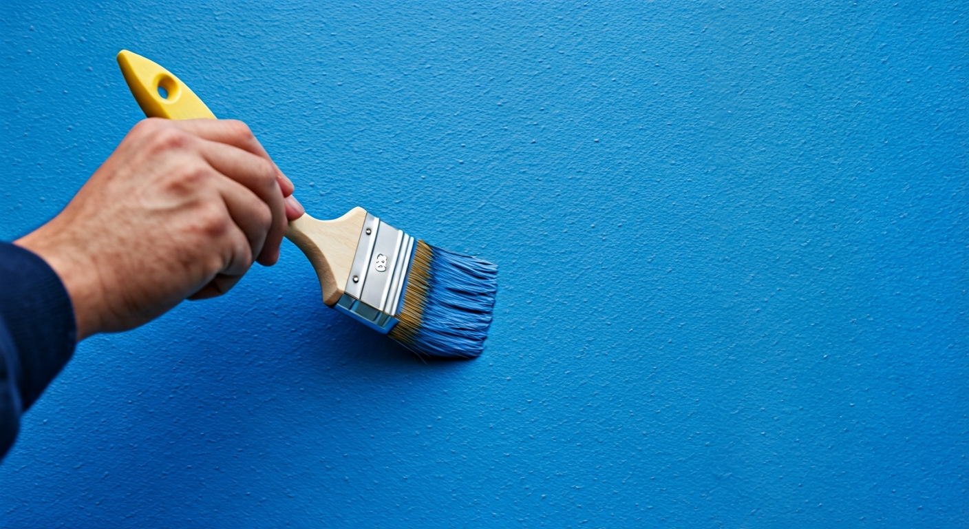 Close-up professional photo of a painter's hand carefully applying a smooth, even coat of vibrant bl
