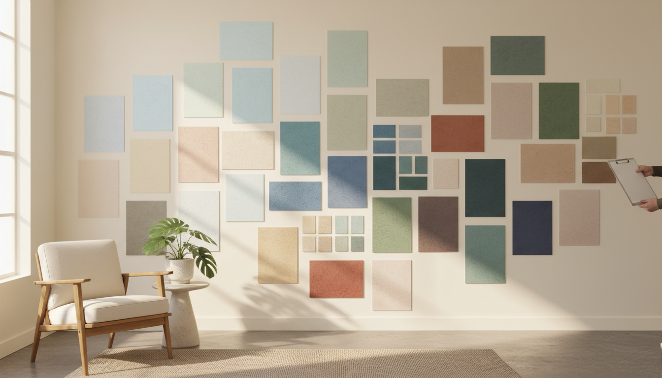 Professional photo of various paint samples on a wall, showing different shades and textures, with a
