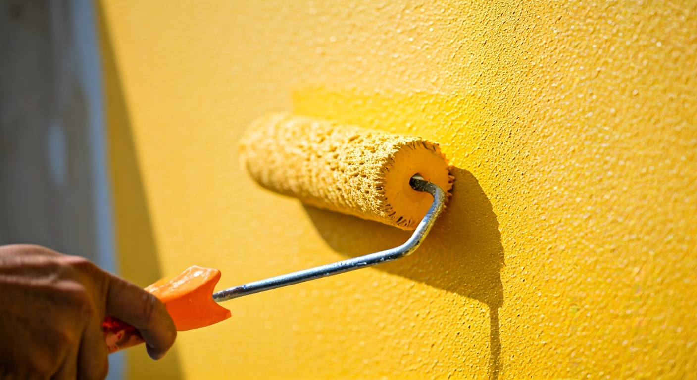 Close-up professional photograph of a painter's hand applying a high-quality acrylic paint to an ext