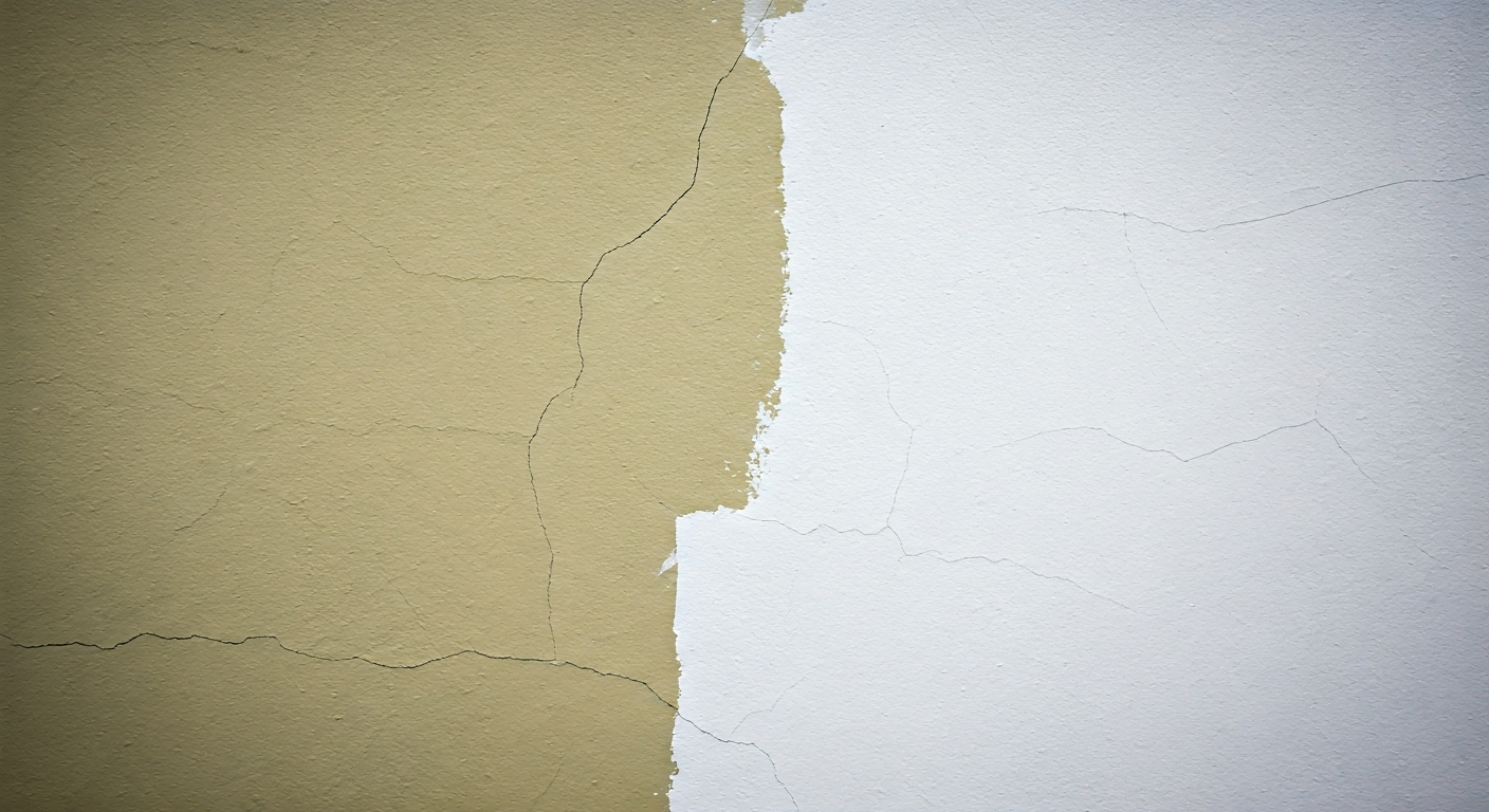 Professional photograph showcasing a neatly prepared house facade before painting. The wall shows su