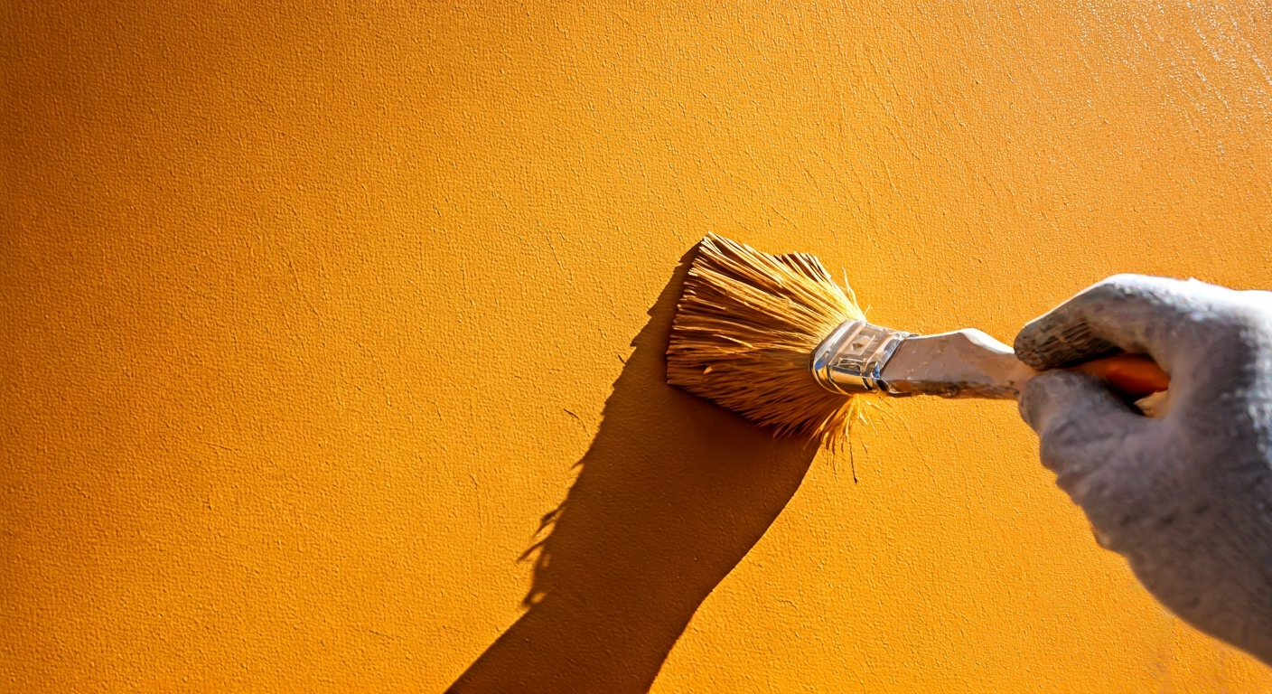 Close-up photo of a painter meticulously applying paint to a textured exterior wall, highlighting th