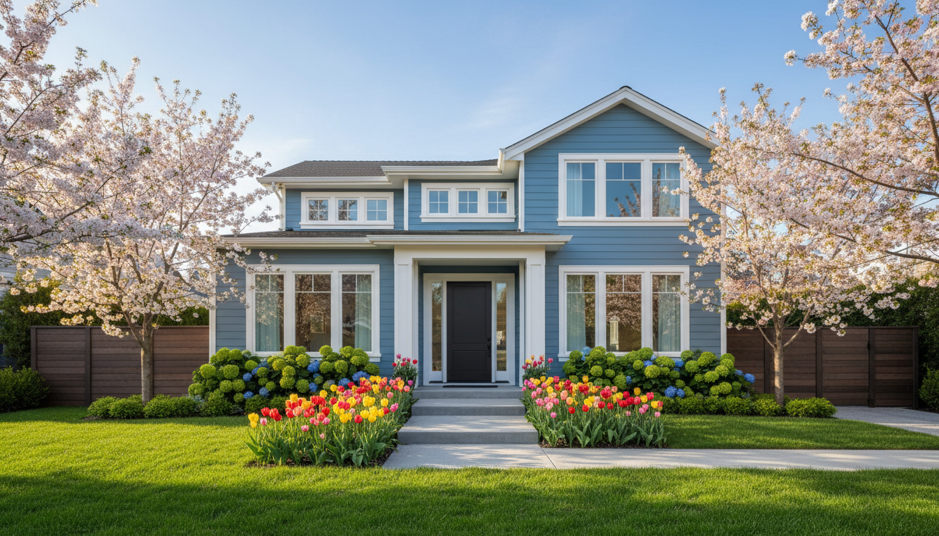 Professional photo of a modern, well-maintained house exterior with a freshly painted facade, a happ