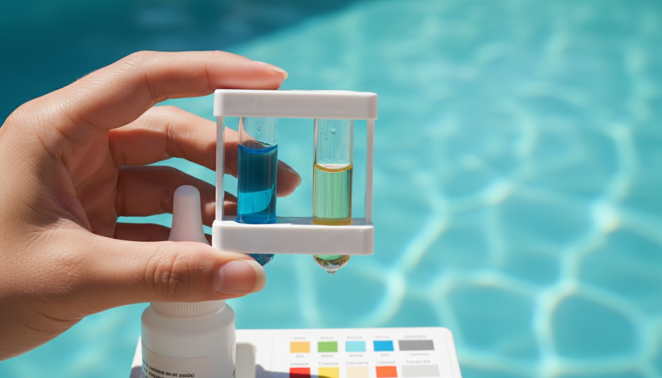 Close-up professional photo of a hand holding a water testing kit, showing clear blue pool water in