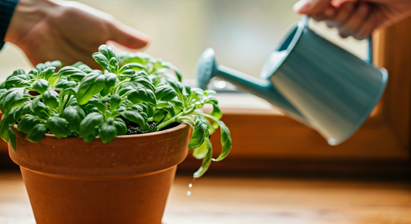 Close-up professional photo of a hand gently watering a vibrant green plant in a terracotta pot on a
