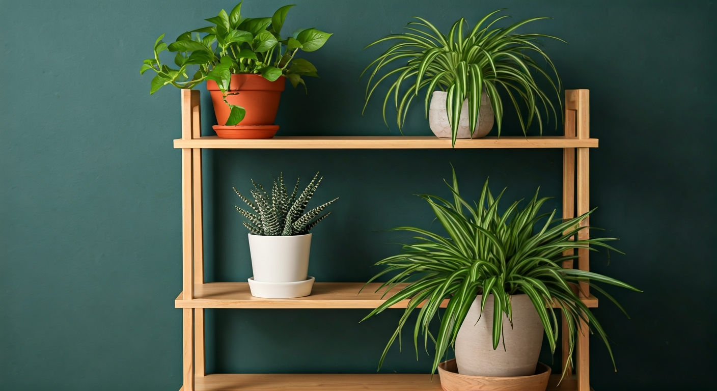 Professional photo of a stylish shelf unit in a cozy home office, decorated with a variety of small