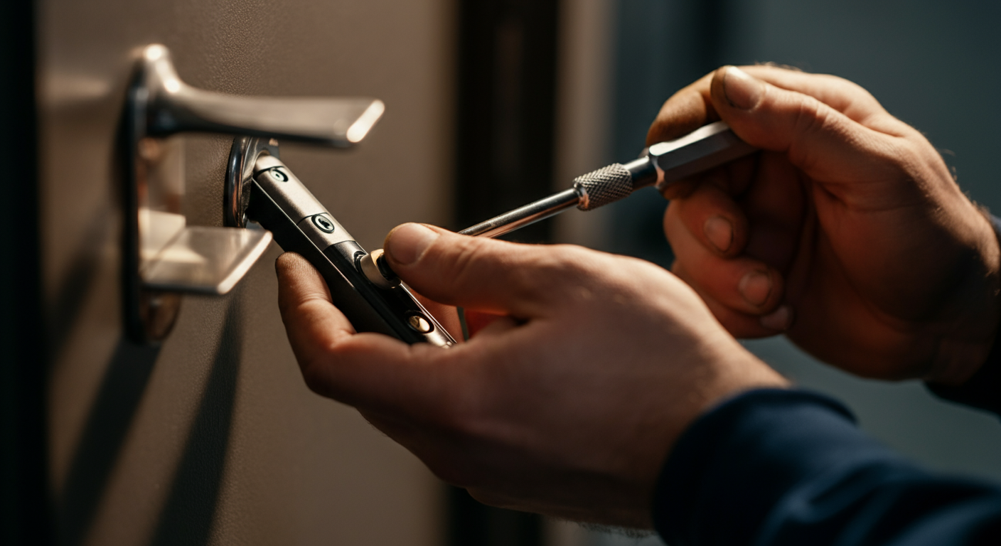 Close-up professional photo of a skilled locksmith's hands carefully inspecting and lubricating a hi