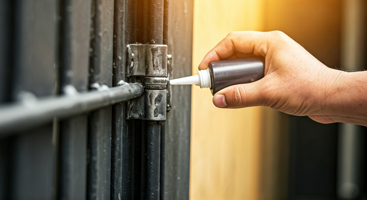 Close-up, professional photograph of a hand applying lubricant to the hinge of a sturdy metal gate,