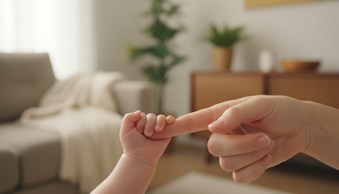 Close-up photo of a baby's hand gently holding a mother's finger, in a clean and tidy home environme