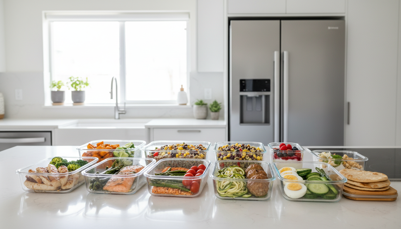 Professional photo of a neatly organized kitchen counter with freshly prepared, healthy meals in con