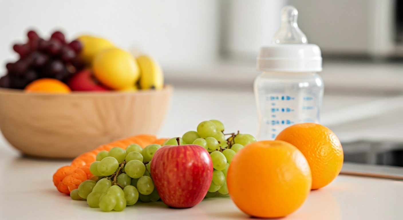 Close-up professional photo of a clean, organized kitchen counter with fresh fruit and a baby bottle