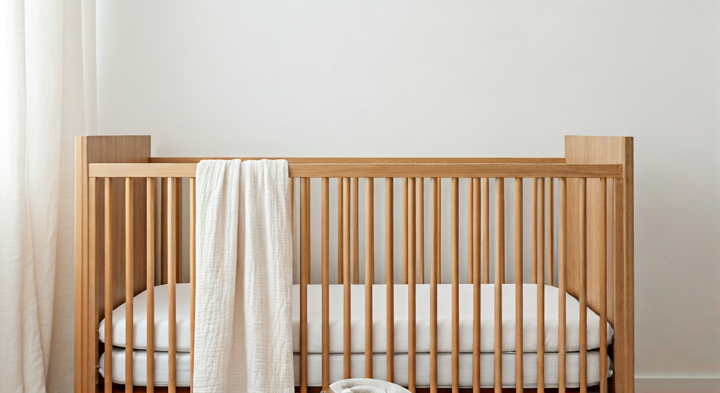 Professional photo of a beautifully made crib in a serene nursery room. Soft, diffused natural light