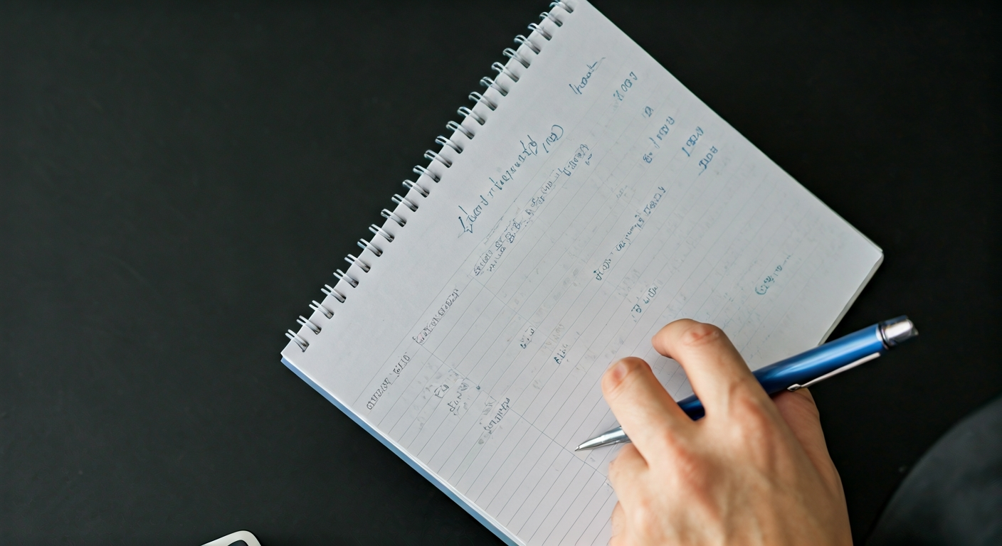 Close-up photo of a hand holding a calculator and a pen, with a notepad showing a detailed list of e