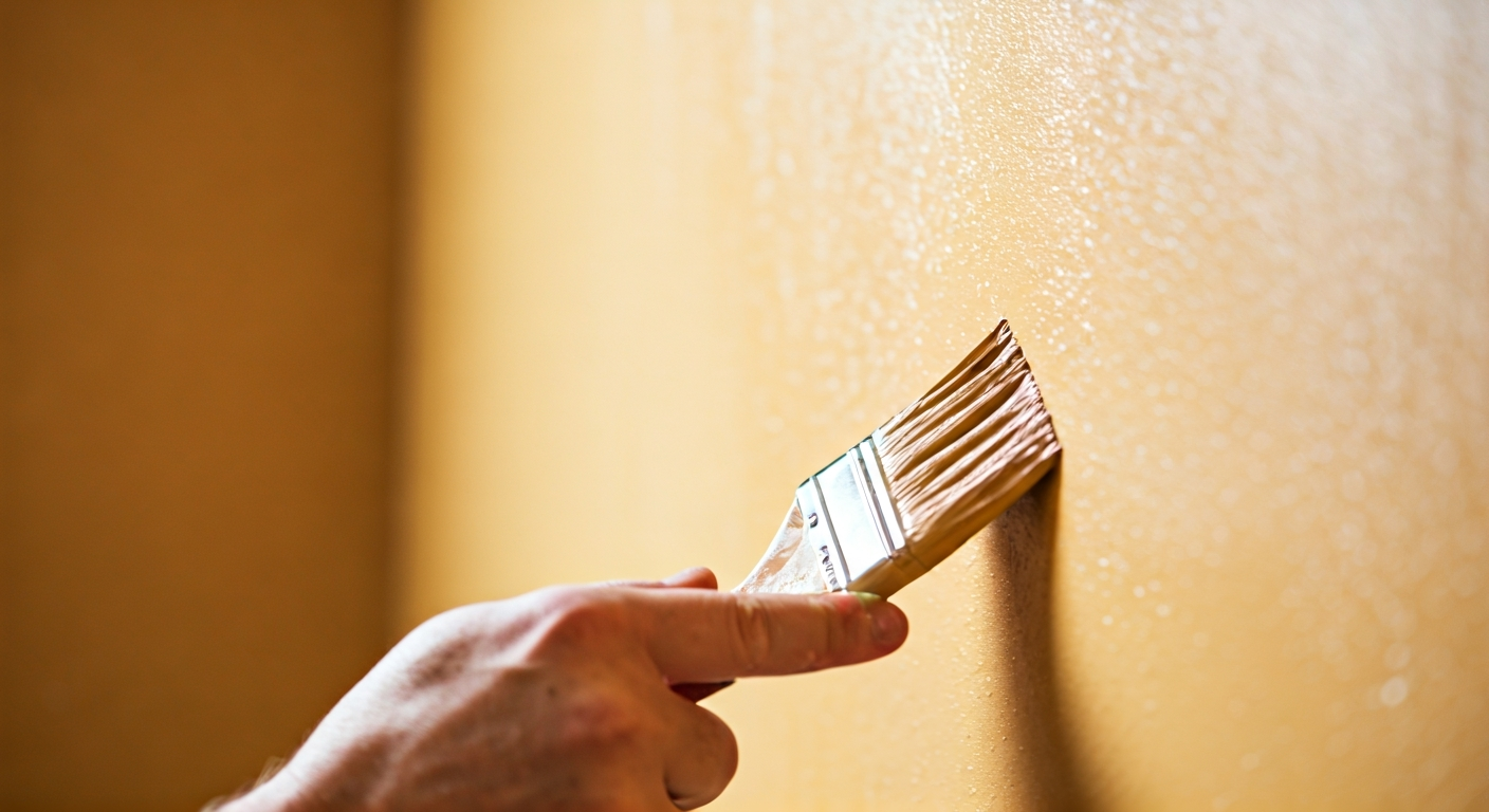 Close-up photo of a painter's hands applying a fresh coat of warm-toned paint to an interior wall, s