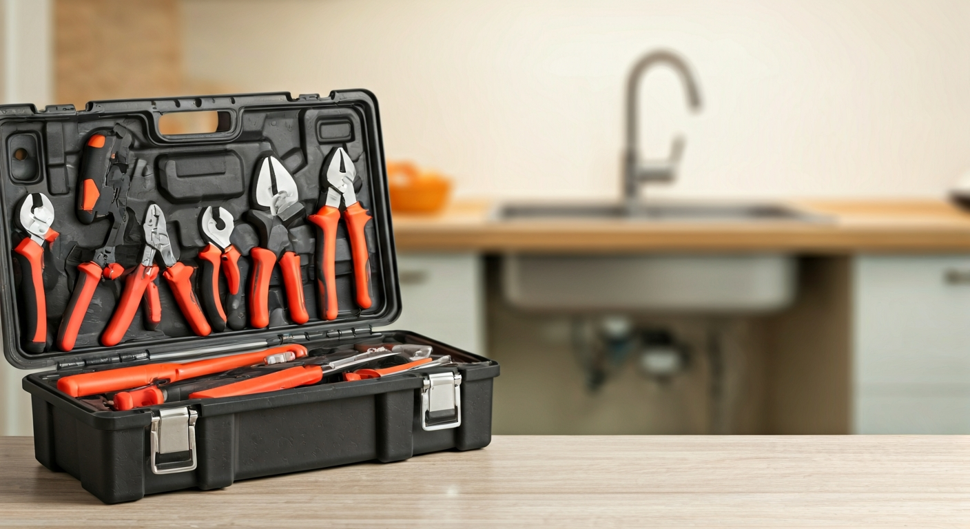 Professional photo of a tidy toolbox opened on a clean floor, with various hand tools neatly arrange