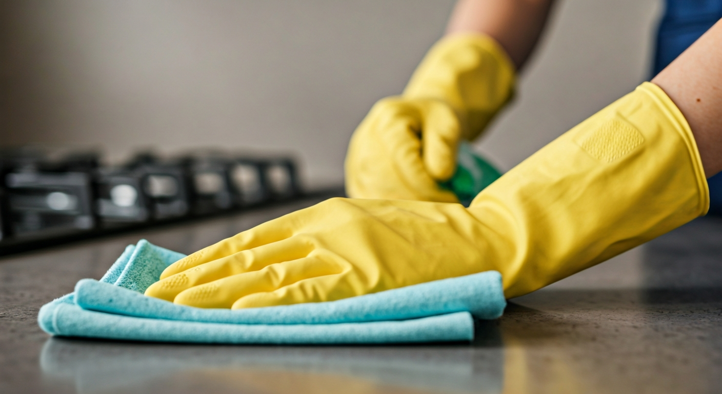 Close-up photo of a professional cleaner carefully wiping down a kitchen countertop with eco-friendl