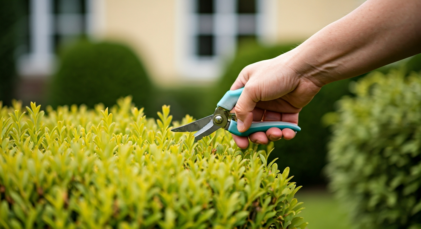 Close-up professional photo of a hand holding gardening shears, trimming a vibrant green bush in a w