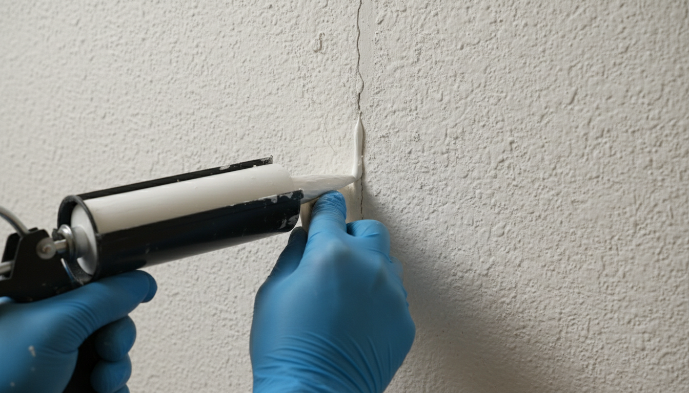 Close-up photo of a person sealing a small crack in a wall with caulk, highlighting detail and preci