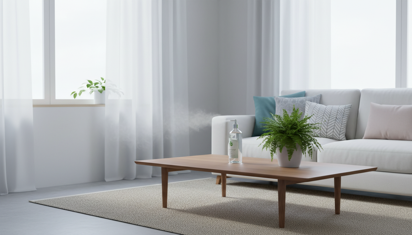 Professional photo of a modern, clean living room with a person lightly spraying an eco-friendly pes