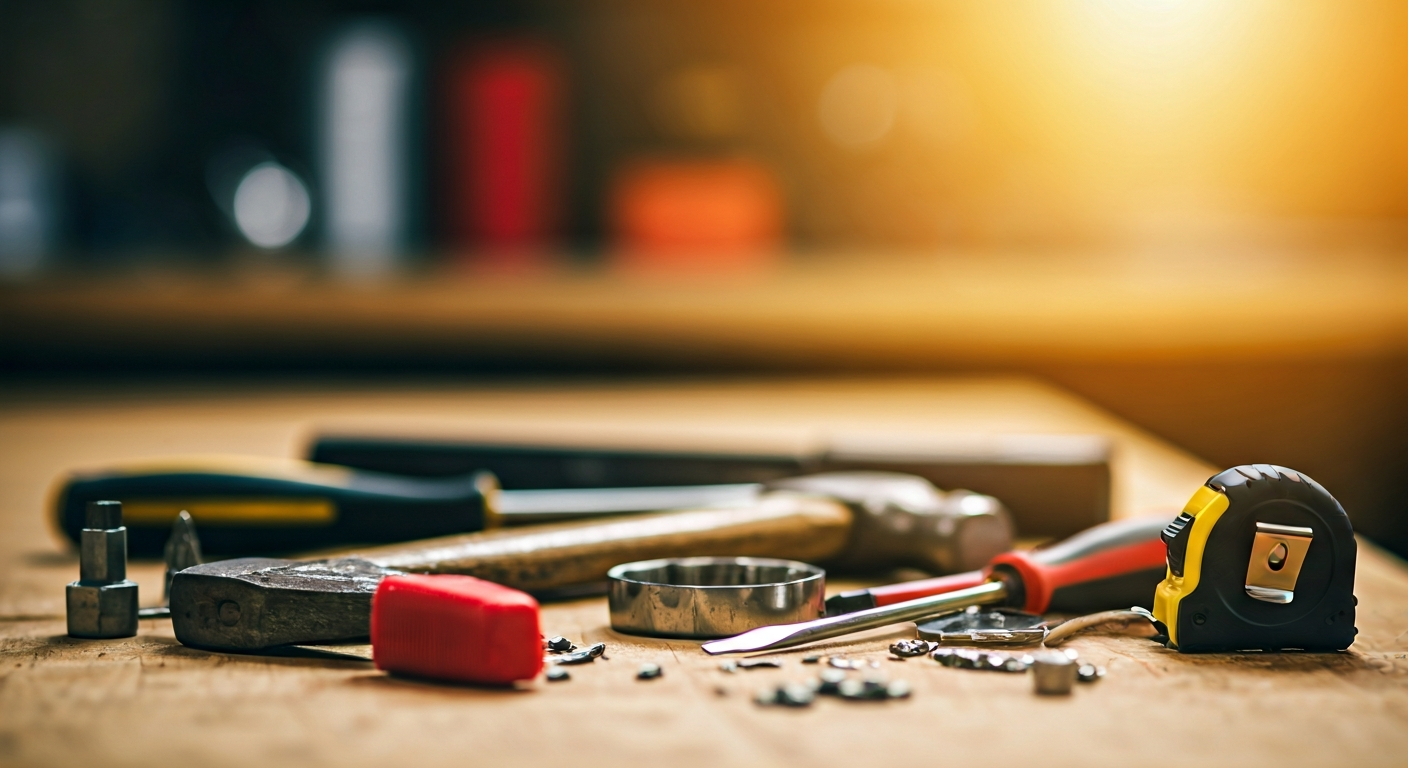 Professional photo of a diverse set of tools neatly arranged on a clean workbench, including a hamme