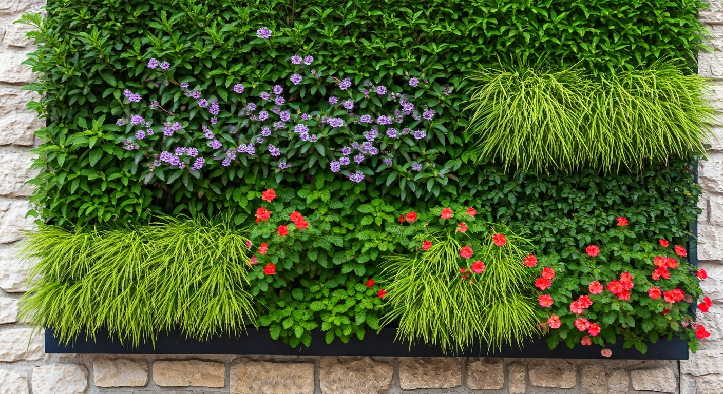 Close-up, professional photograph of a well-designed vertical garden on a rustic stone wall. The gar