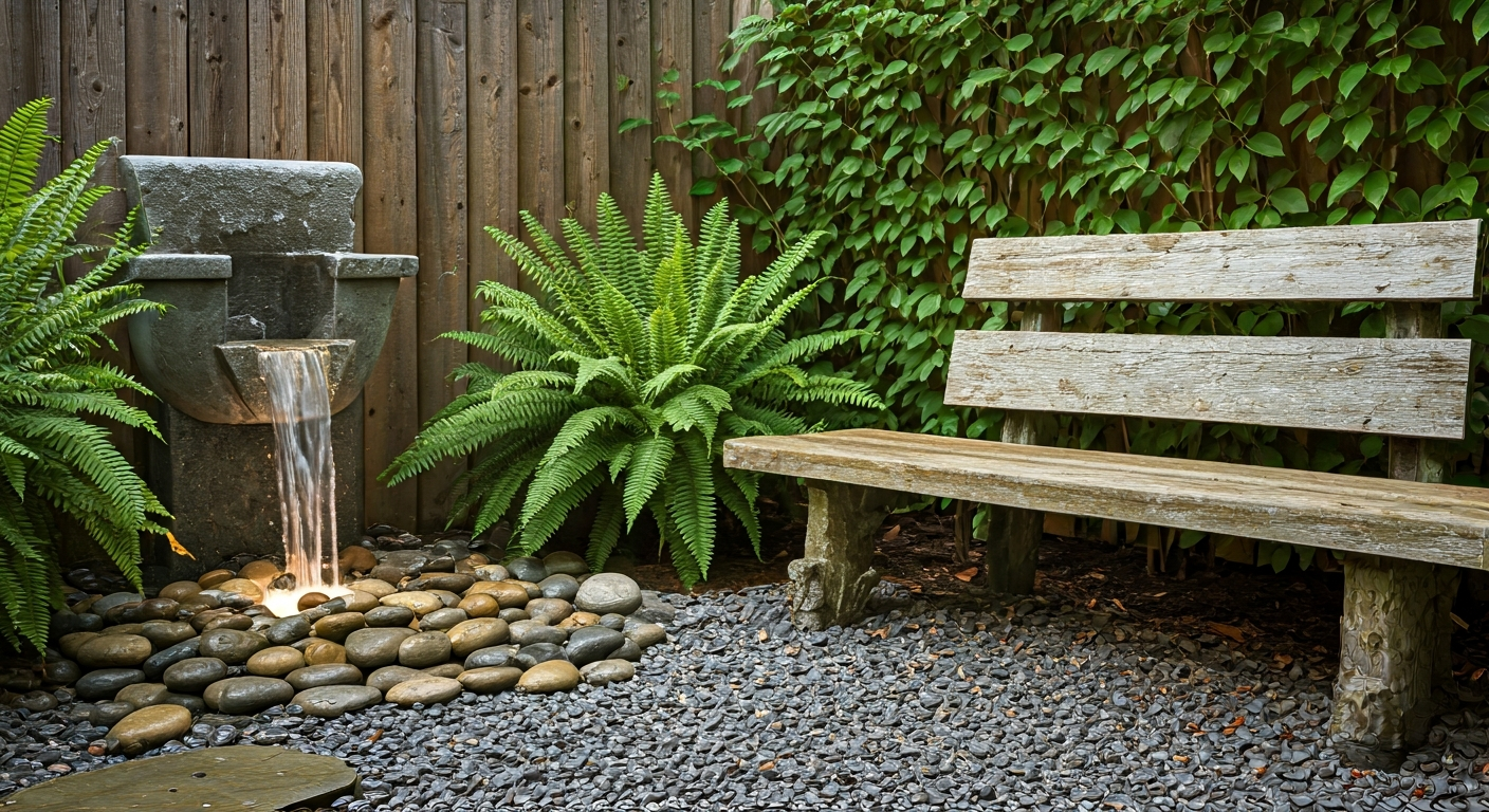 Professional photograph of a tranquil backyard corner featuring a small, elegant water feature with