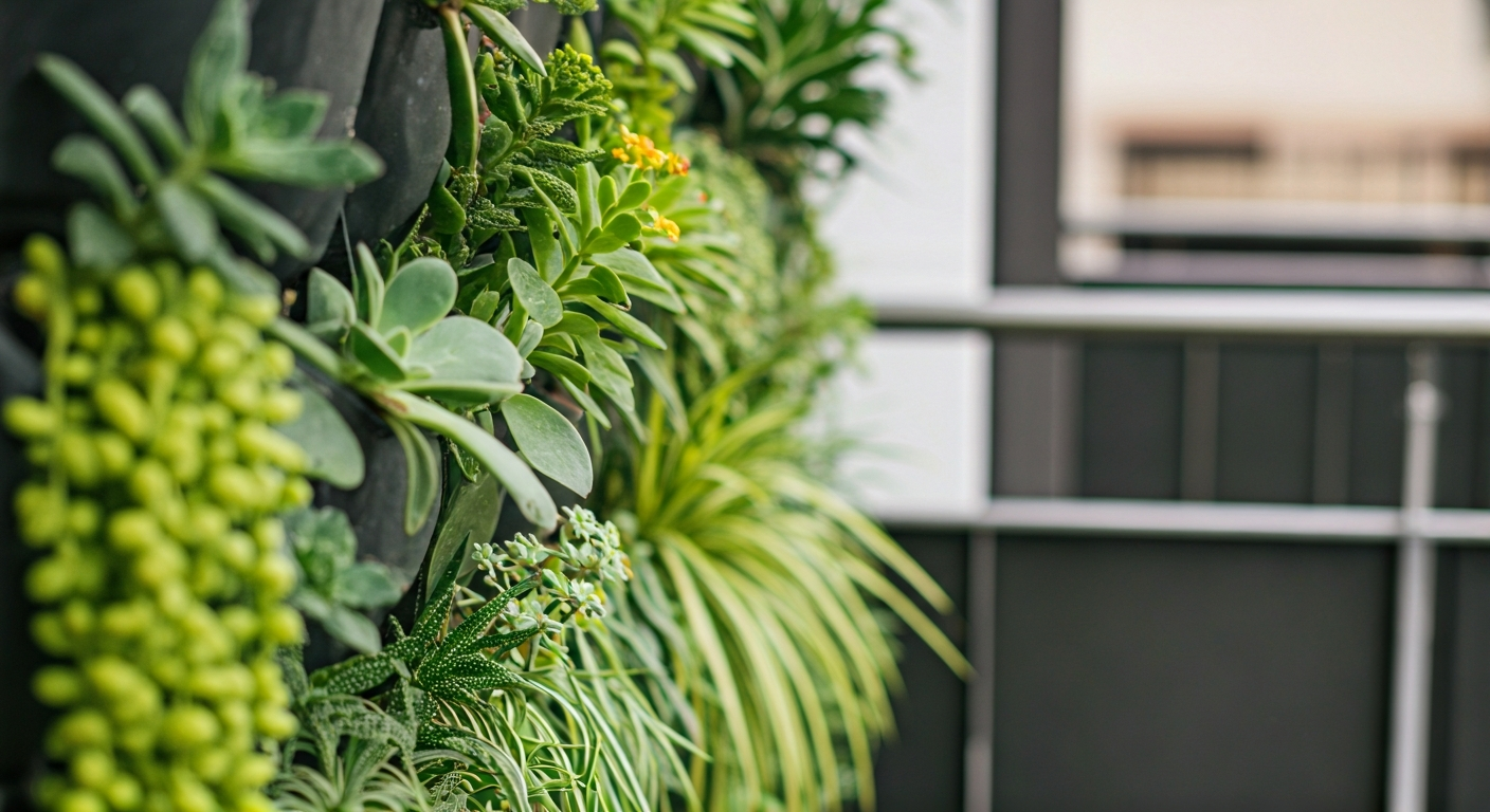 Close-up professional photo of a beautifully arranged vertical garden on a modern balcony, featuring