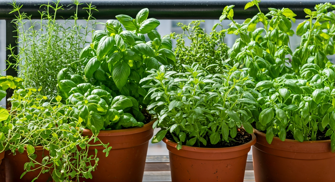 Professional photo of a variety of healthy herbs and vegetables growing in pots on a sunny balcony,