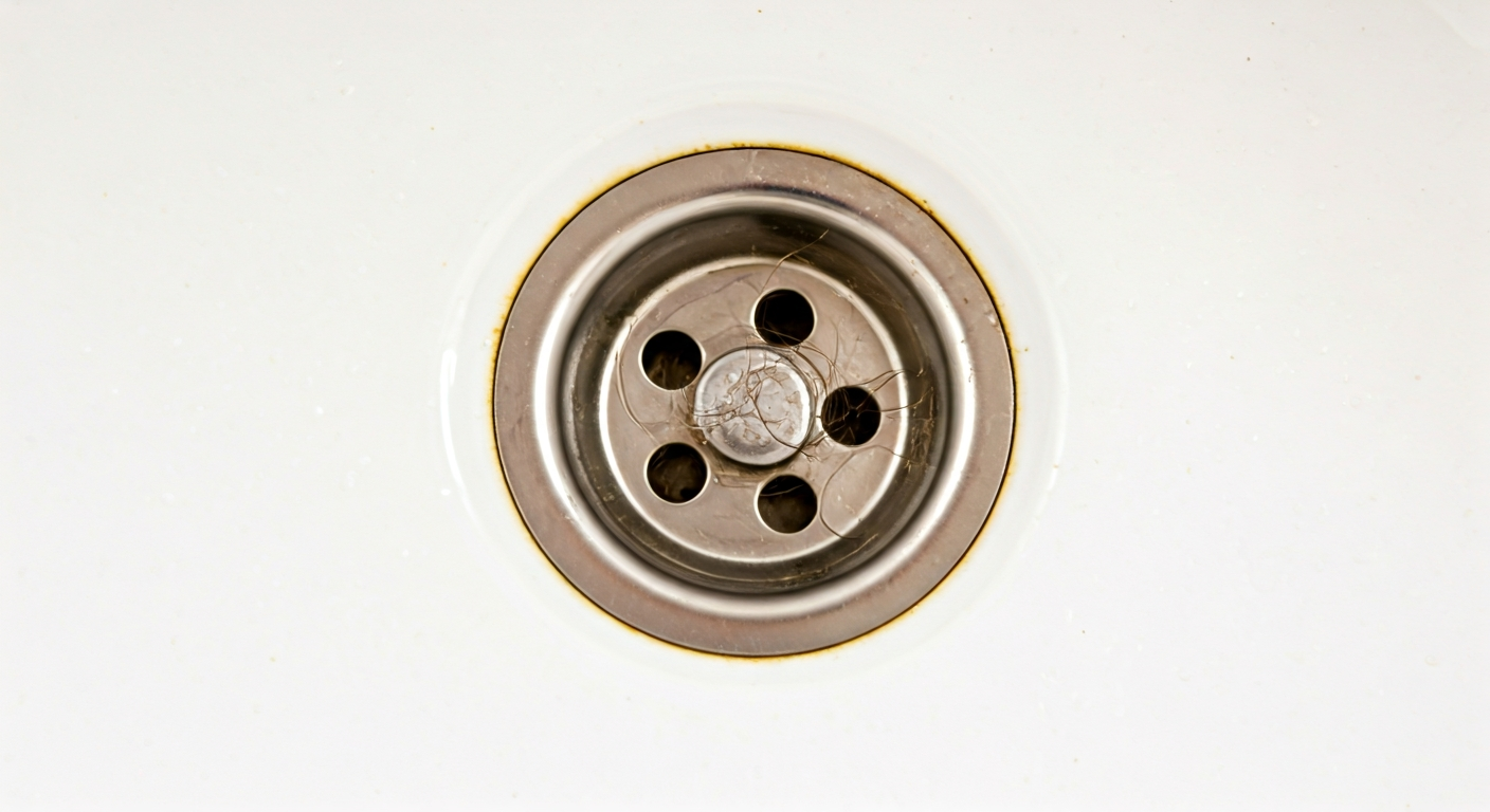 Close-up professional photo of a clogged bathroom sink drain with visible hair and soap scum, illust