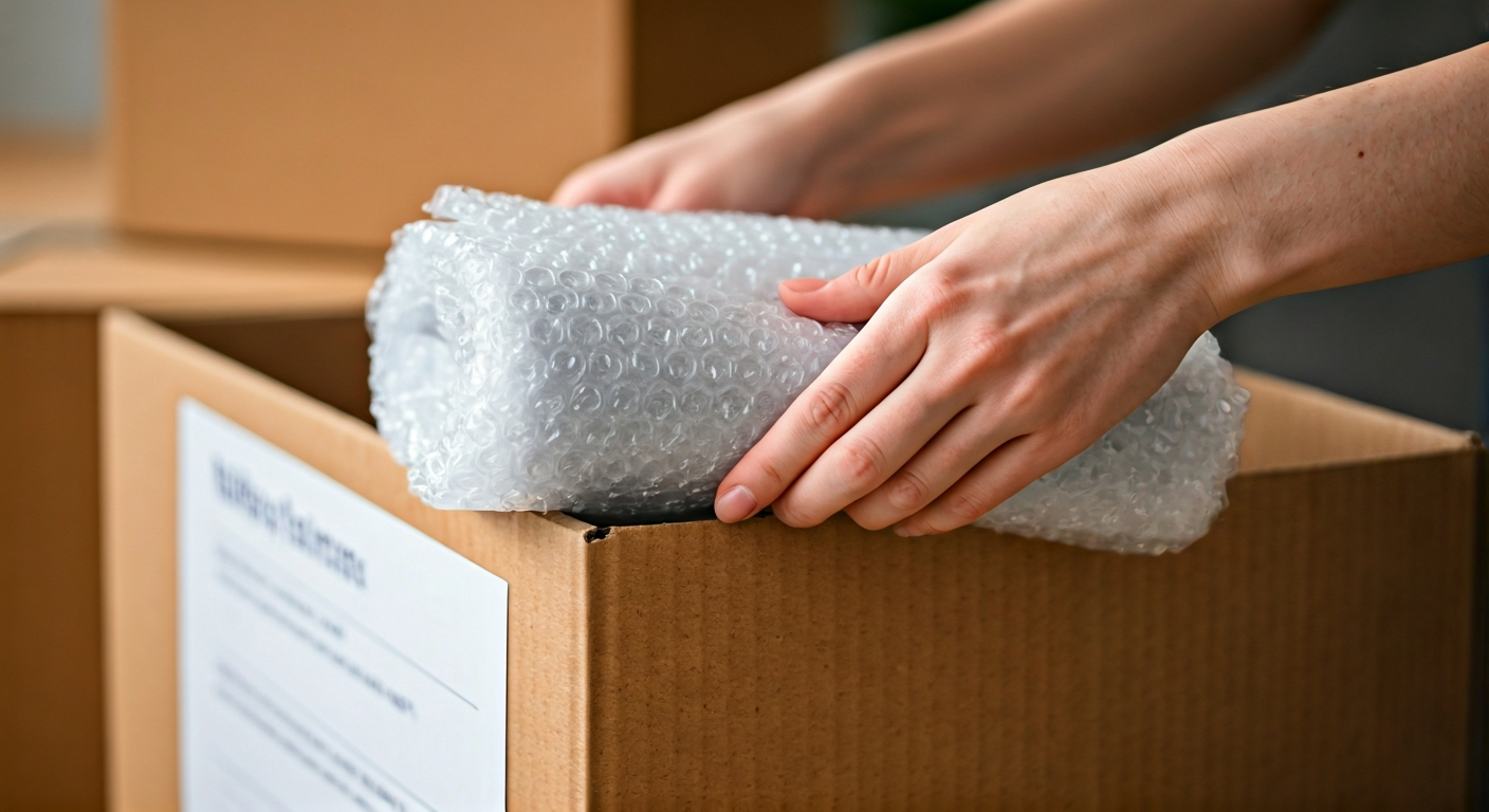 Close-up photo of a person's hands carefully packing fragile items into a labeled cardboard box with
