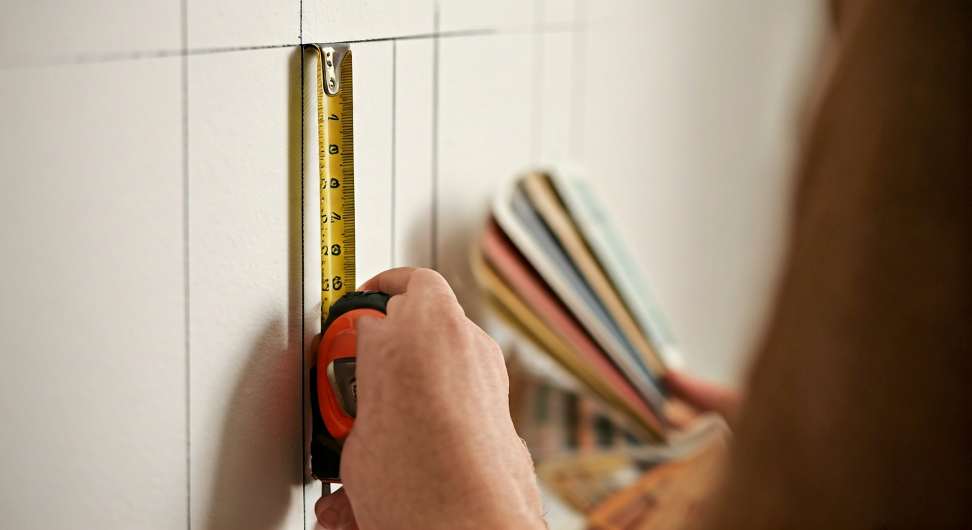 Close-up photo of a hand holding a tape measure against a wall marked with pencil lines, with a pale
