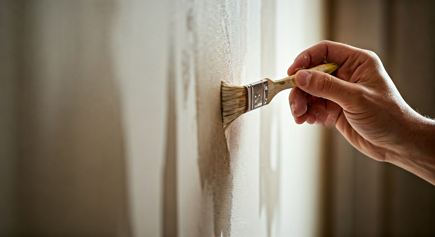 Close-up photo of a painter's hands carefully applying paint to a wall section with a brush, showing
