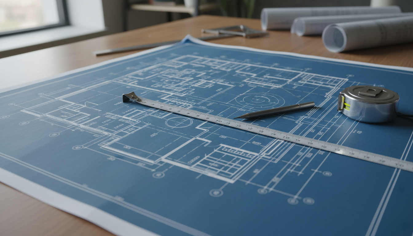 Close-up photo of a detailed architectural blueprint or construction plan laid out on a table, with