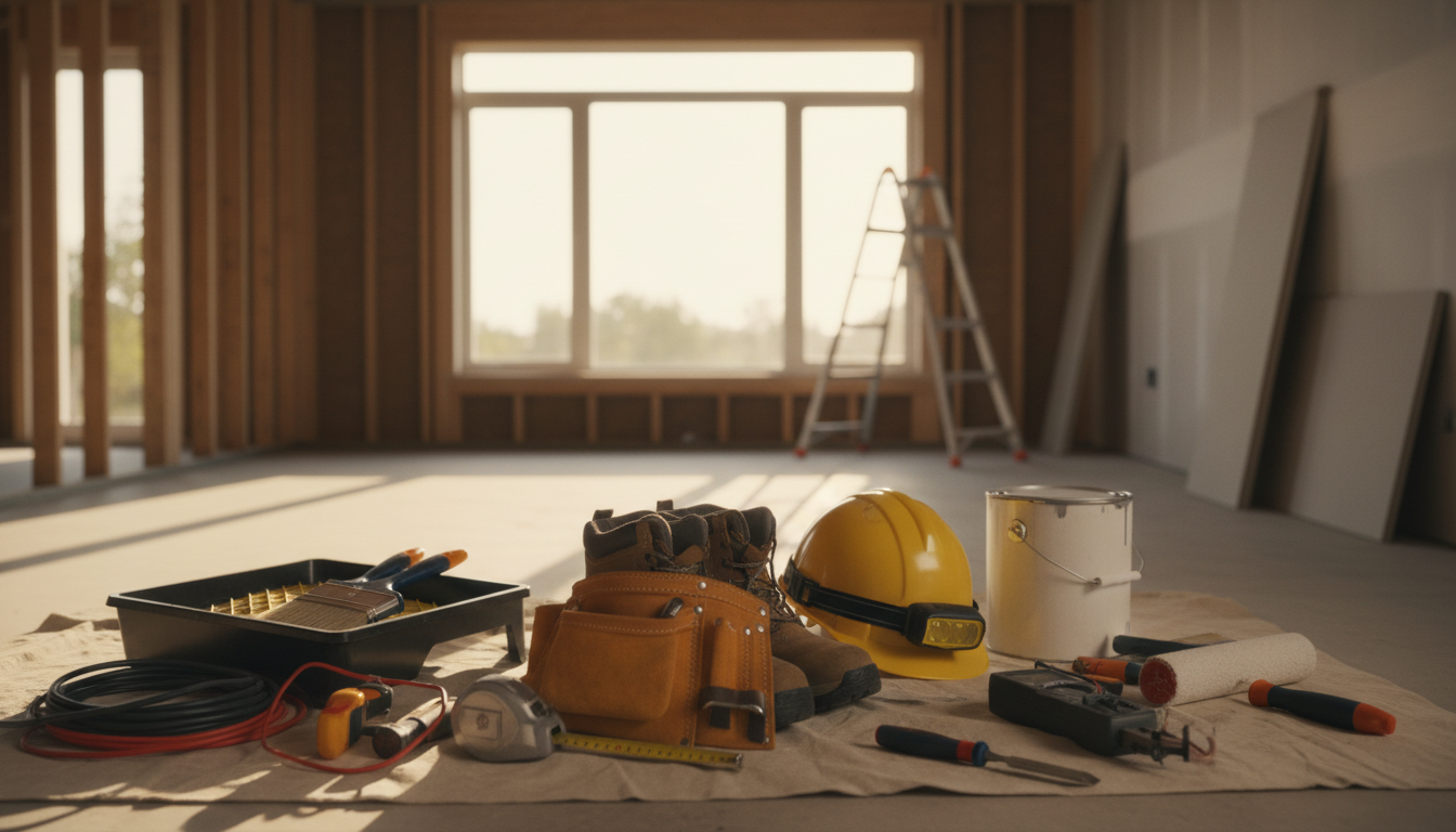 Professional photo of a group of skilled construction workers (e.g., a carpenter, a painter, an elec