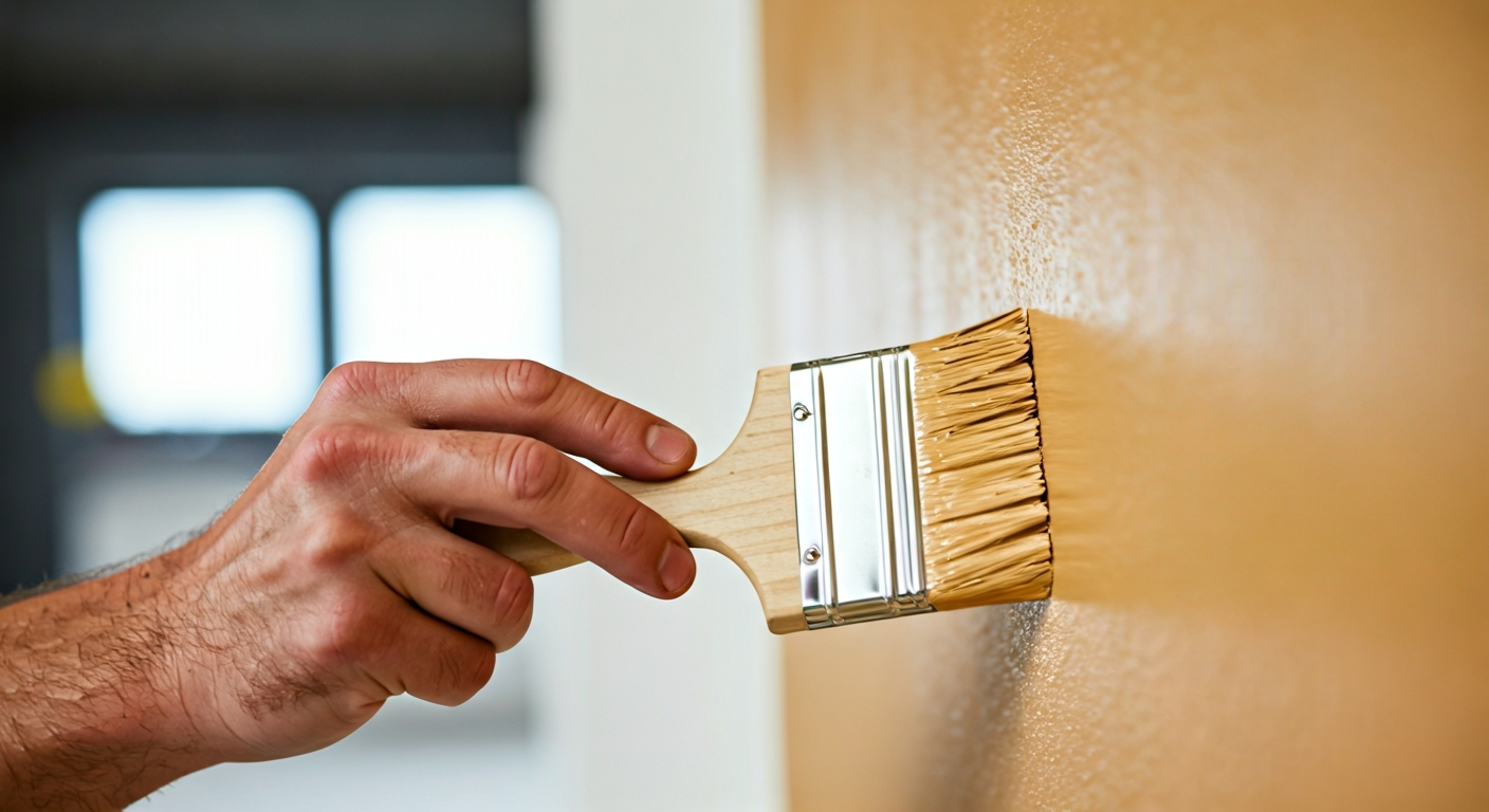 Close-up professional photograph showcasing a painter's hands carefully applying a rich, warm paint
