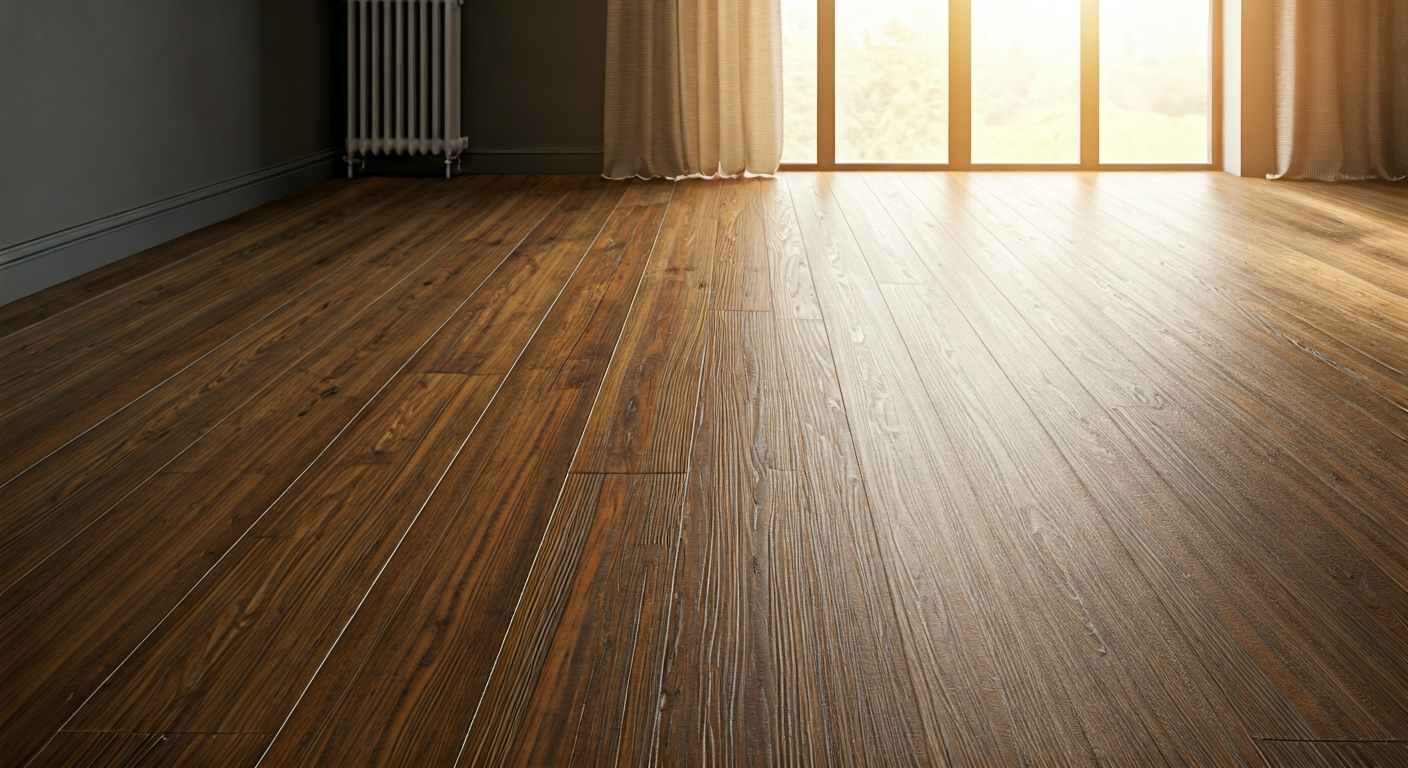 Professional photograph of a home renovation project in progress, focusing on a newly installed wood