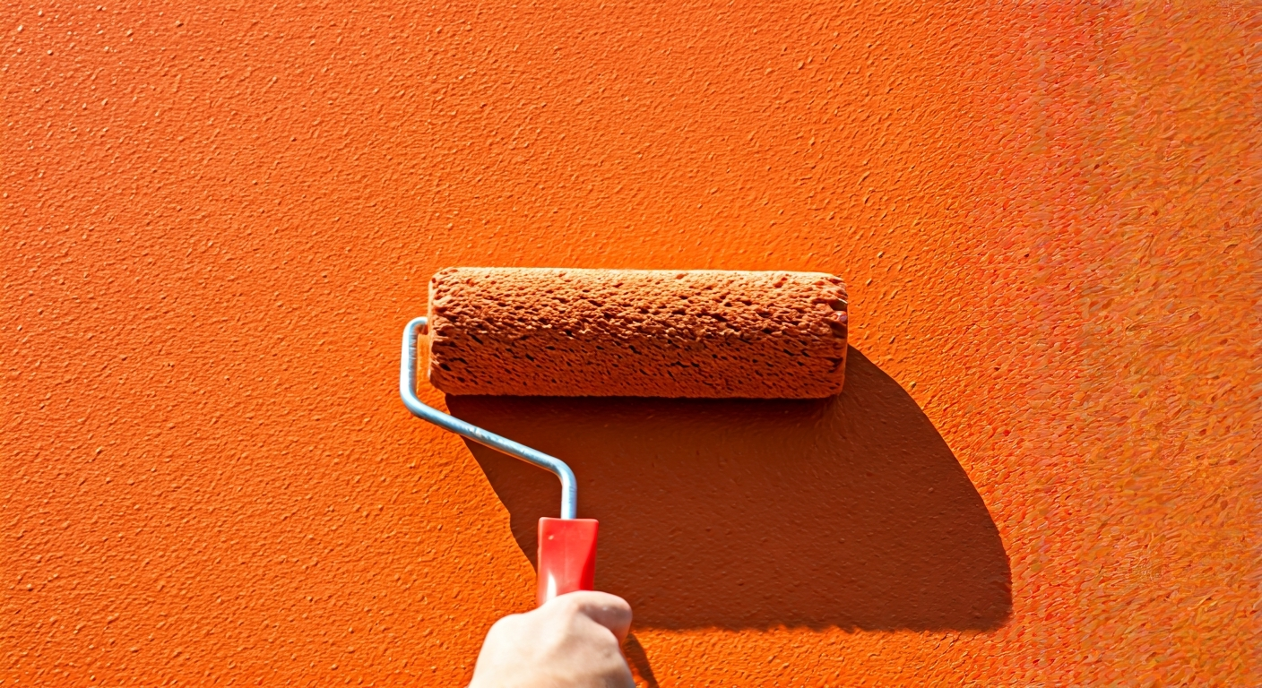 Close-up photo of a painter's hand carefully applying a smooth, vibrant terracotta paint to a textur