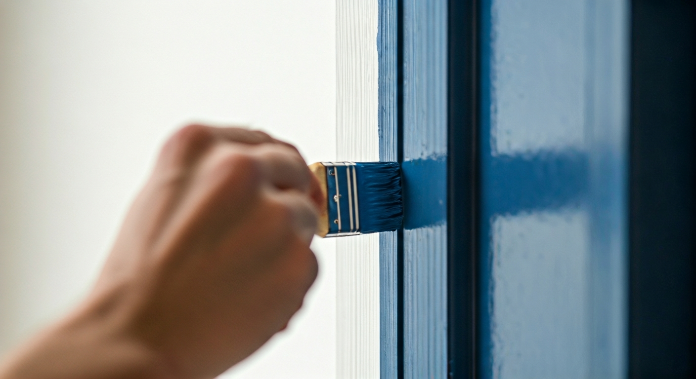 Close-up photo of a painter's hand meticulously applying a rich, deep blue paint to a window frame,