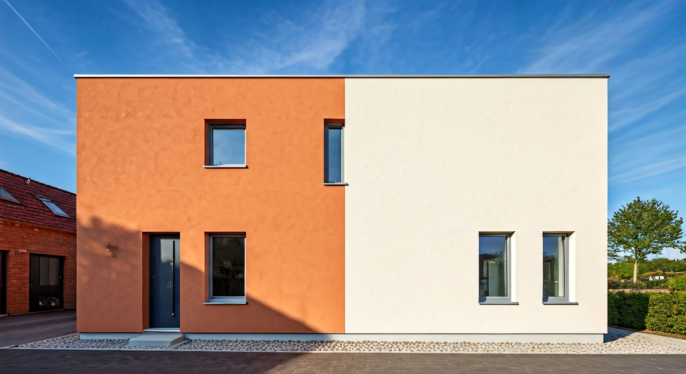 Professional photo of a house facade showcasing a modern color block design, with a section of earth