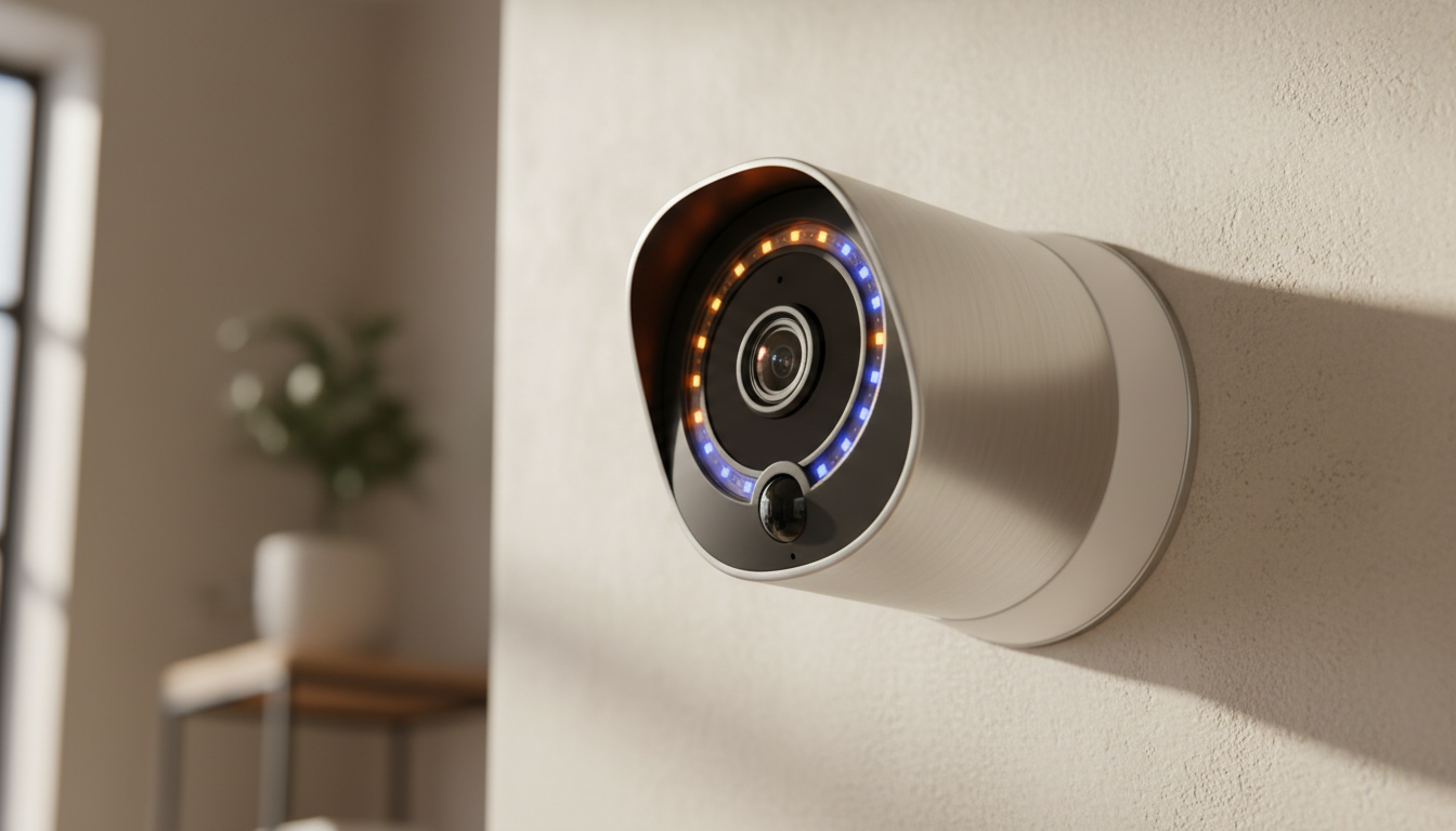 Close-up photo of a modern security camera with a sleek design, showing its lens and small status li