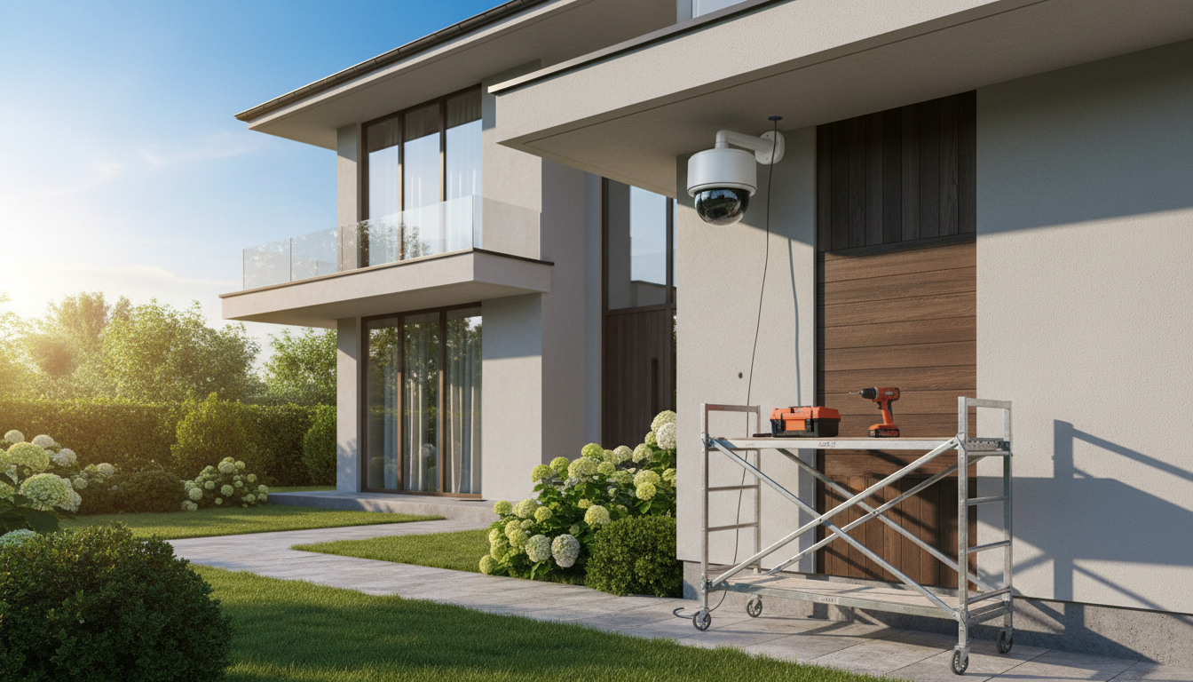 Professional technician installing a security camera on an exterior wall of a modern house. The tech
