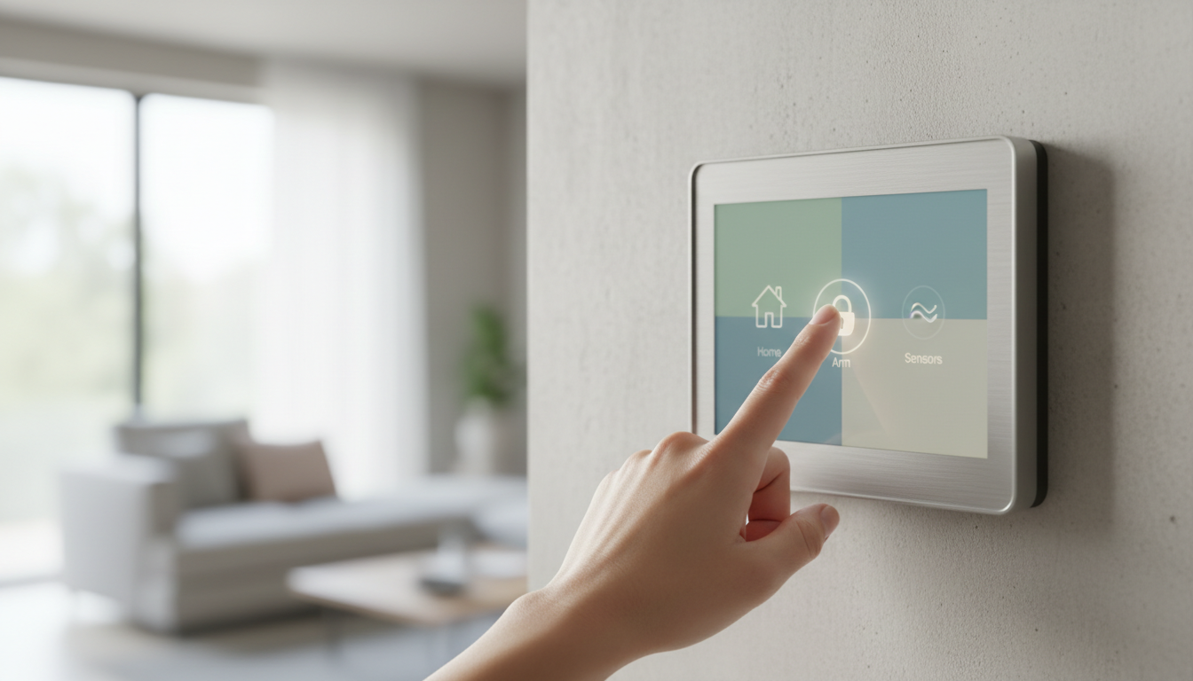 Close-up photo of a hand interacting with a smart home security control panel, showing a clean, mode