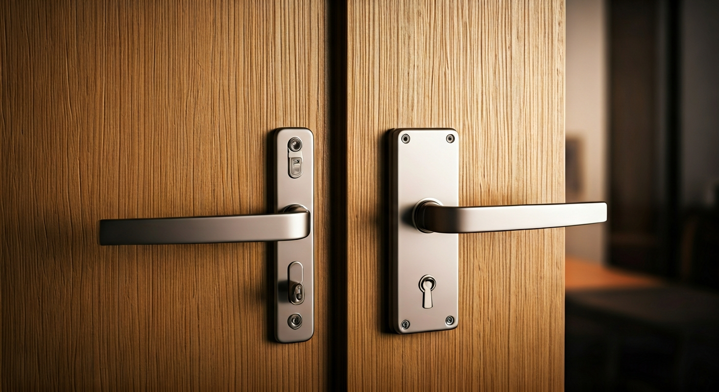Close-up photo of a robust, multipoint door lock on a wooden door, highlighting its sturdy mechanism