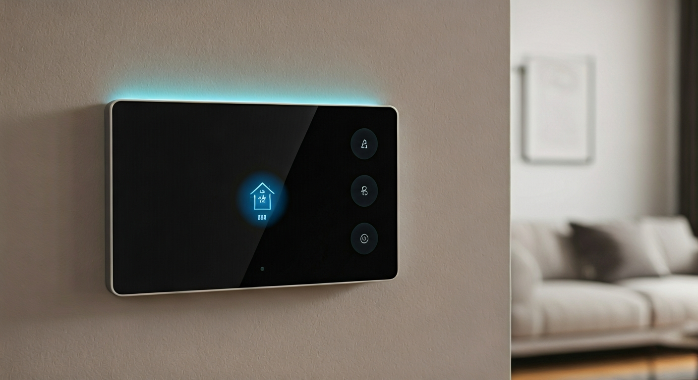 Professional photo of a smart home security system control panel integrated into a modern living roo